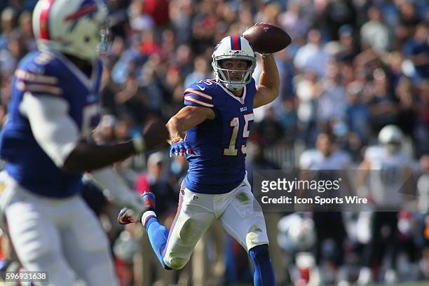 Buffalo Bills Wide Receiver Chris Hogan passes to Buffalo Bills Quarterback Tyrod Taylor on a pass back to the quarterback during the NFL football...