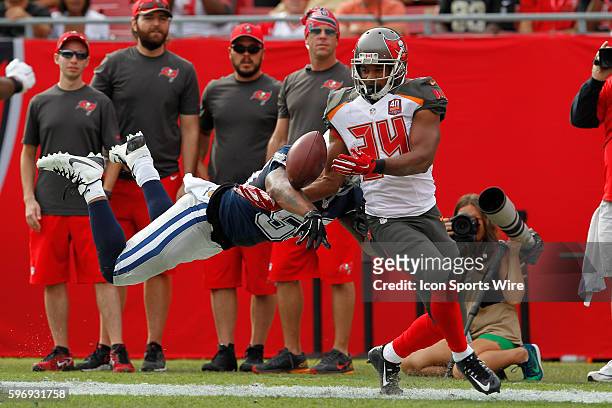 Dallas Cowboys middle linebacker Anthony Hitchens breaks up a pass intended for Tampa Bay Buccaneers running back Charles Sims in the end zone in the...