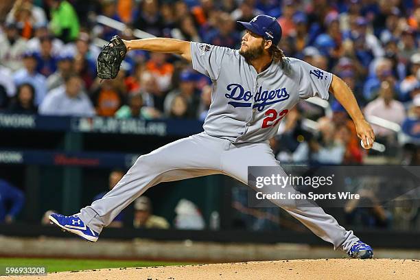 Los Angeles Dodgers starting pitcher Clayton Kershaw during the first inning of Game 4 of the NLDS between the New York Mets and the Los Angeles...