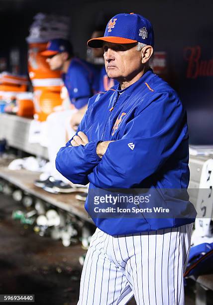 New York Mets manager Terry Collins looks on from the Mets' dugout with two out in the 12th inning, moments before the Kansas City Royals' 7-2...