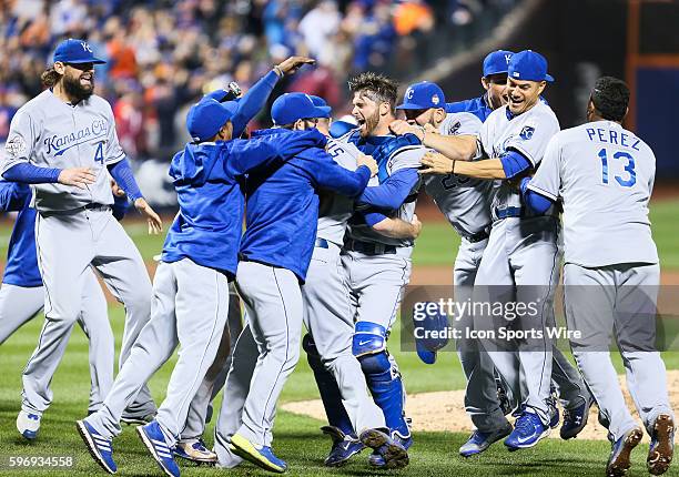 The Kansas City Royals celebrate their 7-2 victory over the New York Mets in the 5th and deciding game of the 2015 World Series at Citi Field in...