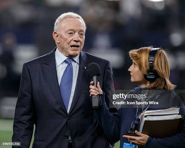 Dallas Cowboys owner Jerry Jones is interviewed prior to the NFL regular season game game between the Dallas Cowboys and the New York Jets at AT&T...