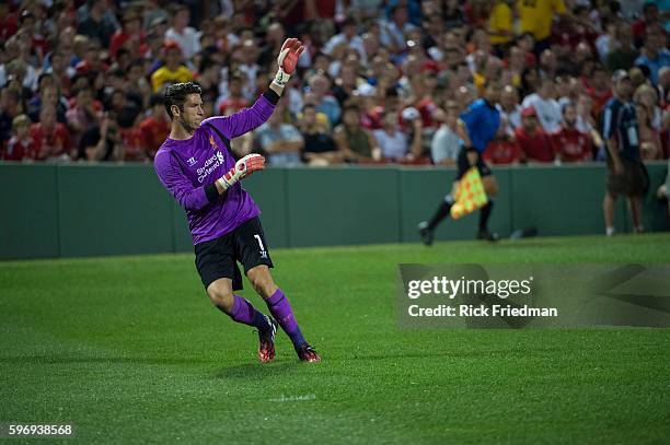 Liverpool FC Goal Keeper defends the ball against AS Roma during a pre-season match at Fenway Park in Boston, MA on July 23, 2014. AS Roma won 1-0.