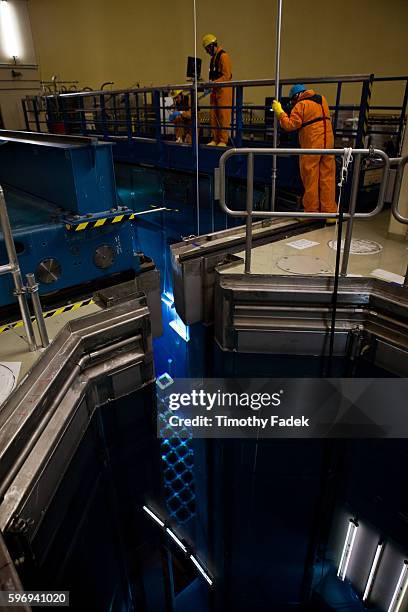 Workers adjust active nuclear fuel rods, submerged below seven meters of water positioned near the reactor core at The Eon nuclear power plant in...