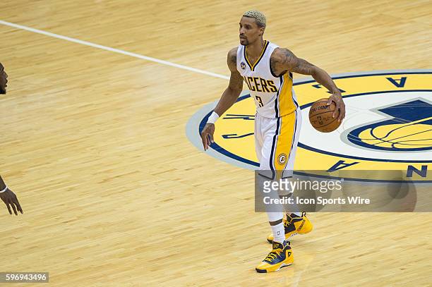 Indiana Pacers guard George Hill during a NBA game between the Indiana Pacers and Boston Celtics at Bankers Life Fieldhouse in Indianapolis, IN.