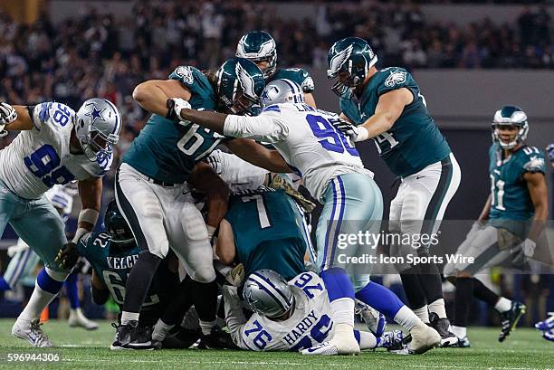 Dallas Cowboys Defensive End Greg Hardy [11364] sacks Philadelphia Eagles Quarterback Sam Bradford [11358] during the NFL game between the...