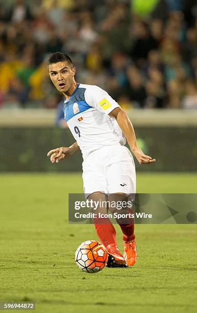 Islam Shamshiev of Kyrgyzstan pass the ball during the Asia Group FIFA 2018 World Cup qualifying game played at the GIO Stadium in Canberra,...