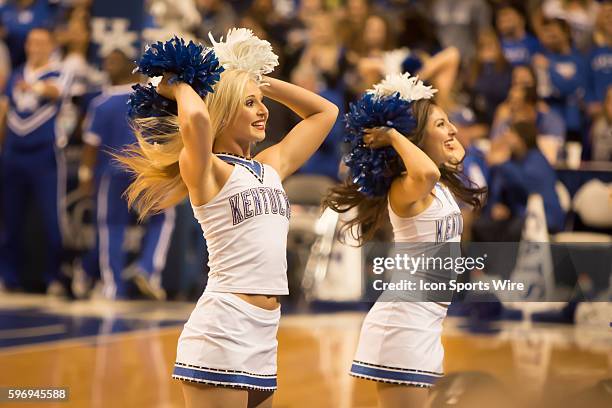 Wildcat cheerleaders dance during the 2nd half of the NCAA basketball game between Albany and the Kentucky Wildcats at Rupp Arena in Lexington, KY....