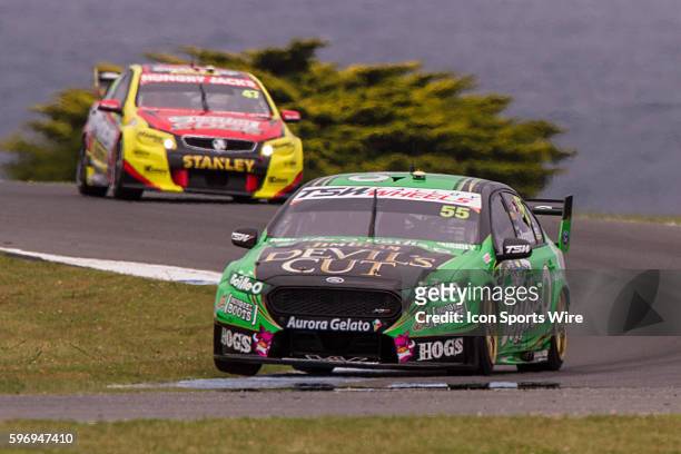 David Reynolds of The Bottle-O Racing team and Tim Slade of Supercheap Auto Racing during qualifying for the V8 Supercars WD-40 Philip Island...