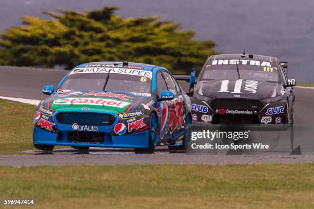 Chaz Mostert of the Pepsi Max Crew and Andre Heimgartner of Super Black Racing during qualifying for the V8 Supercars WD-40 Philip Island Supersprint...