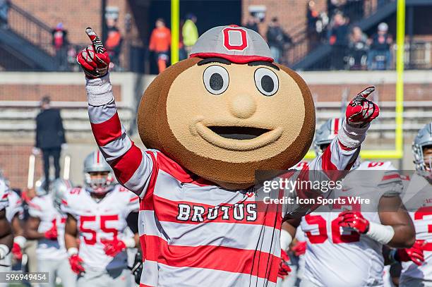 Ohio State Mascot Brutus Buckeye leades the Ohio State Buckeyes onto the field in action during a Big Ten football game between the Illinois Fighting...