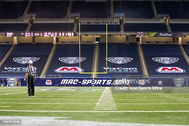 General view of the sponsor logos displayed in the end zone during game action between the Bowling Green Falcons and the Northern Illinois Huskies in...