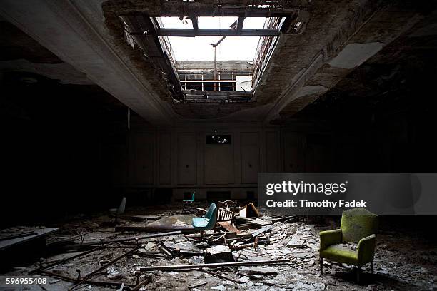 Ballroom in the Fort Wayne Hotel. The decades-long decline of the U.S. Automobile industry is acutely reflected in the urban decay of Detroit, the...