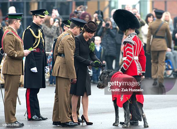 Prince William, Duke of Cambridge and Catherine, Duchess of Cambridge, wearing a bespoke Catherine Walker coat, attending the Irish Guards' St....