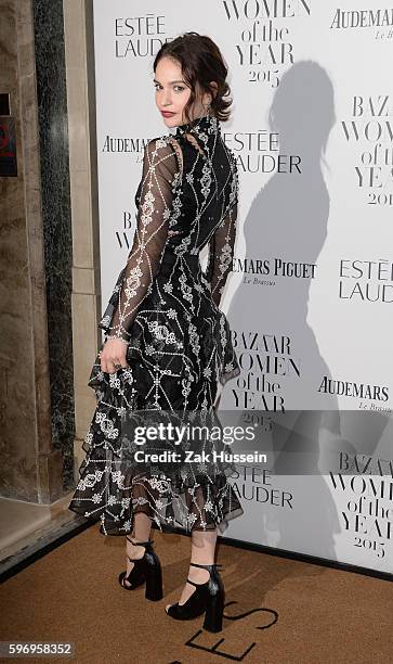 Lily James arriving at the Harper's Bazaar Women of the Year Awards at Claridges in London.