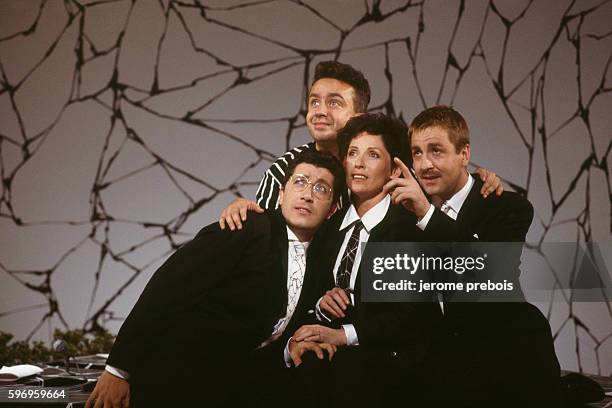 French comedians Alain Chabat, Dominique Farrugia, Chantal Lauby and Bruno Carette of the French comic band Les Nuls, on Canal Plus.