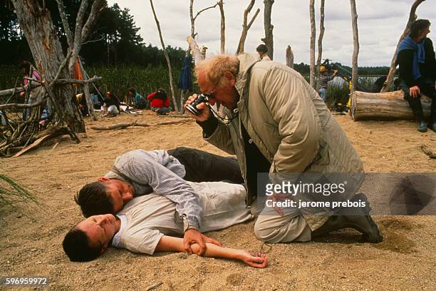 French actor Lambert Wilson and his father, actor and director Georges Wilson on the set of Georges Wilson's film La Vouivre.