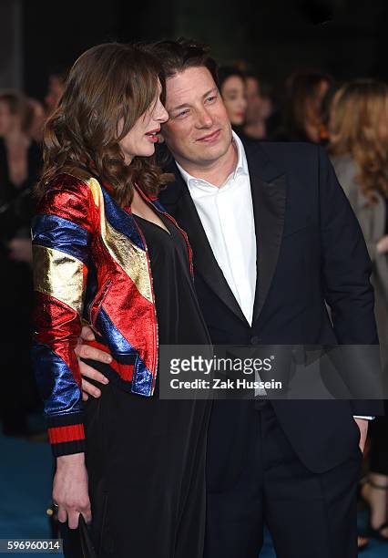 Jools Oliver and Jamie Oliver arriving at the European premiere of Eddie the Eagle at the Odeon Leicester Square in London
