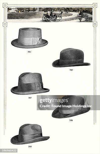 Vintage illustration of a catalog page displaying five men’s hats from the 1930s.