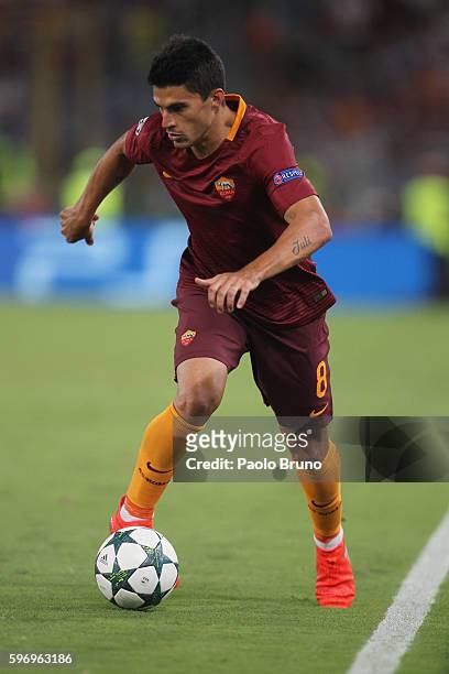 Diego Perotti of AS Roma in action during the UEFA Champions League qualifying playoff round second leg match between AS Roma and FC Porto at Stadio...