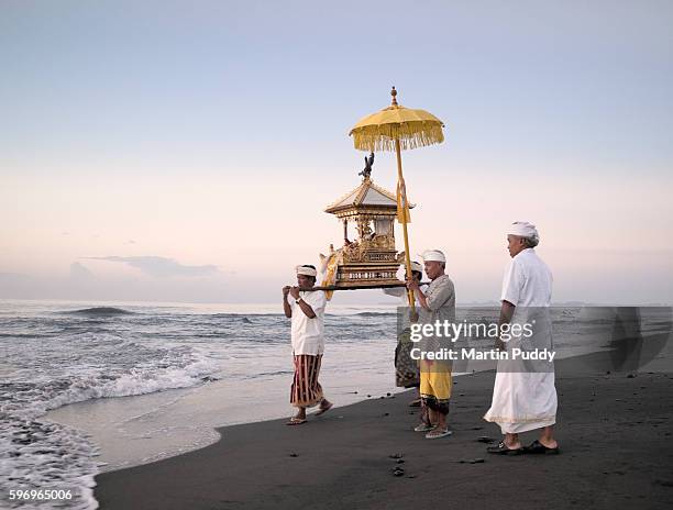 people carrying statues toward the ocean during the melasti festival - nyepi stock pictures, royalty-free photos & images