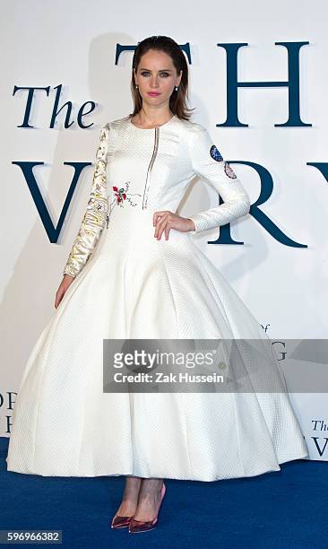 Felicity Jones, wearing a Christian Dior haute couture dress, arriving at the UK premiere of "The Theory of Everything" at the Odeon Leicester Square...