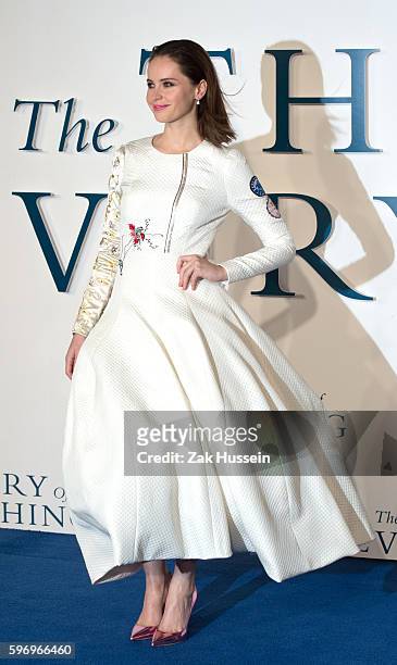 Felicity Jones, wearing a Christian Dior haute couture dress, arriving at the UK premiere of "The Theory of Everything" at the Odeon Leicester Square...