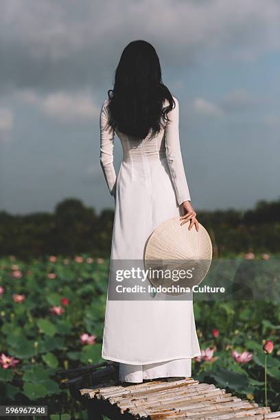 vietnamese girl wearing ao dai (long dress) at lotus pond - ao dai stockfoto's en -beelden