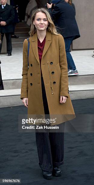 Imogen Waterhouse arriving at the Burberry Prorsum show at the London Collections: Men AW15 in London.