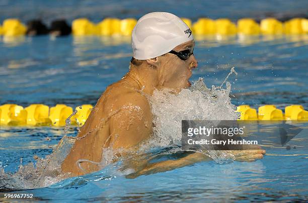 Henrique Rodrigues of Brazil swims the breaststroke on his way to a gold medal in the men's 200m individual medley final at the Toronto 2015 PanAm...