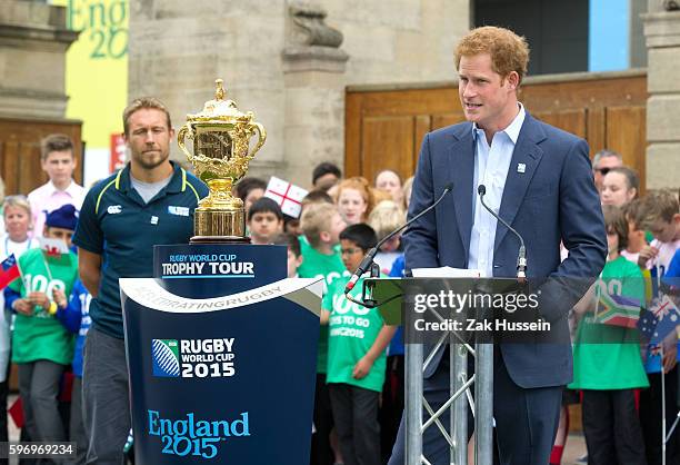 Jonny Wilkinson and Prince Harry attending the launch of the Rugby World Cup Trophy Tour, 100 Days Before the Rugby World Cup 2015 at Twickenham...