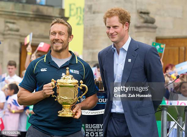 Jonny Wilkinson and Prince Harry attending the launch of the Rugby World Cup Trophy Tour, 100 Days Before the Rugby World Cup 2015 at Twickenham...