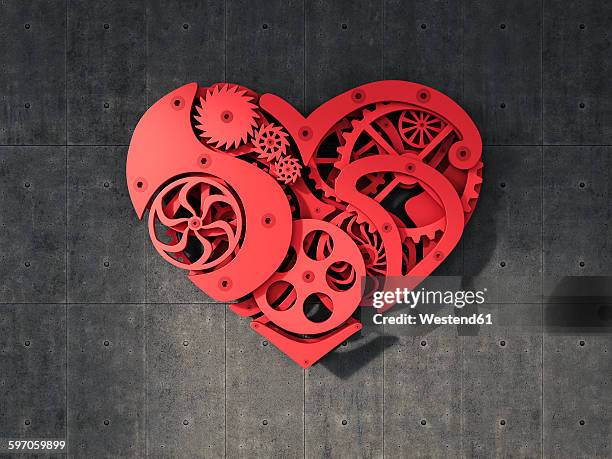 cogwheel heart hanging on concrete wall - mechanic stock-grafiken, -clipart, -cartoons und -symbole