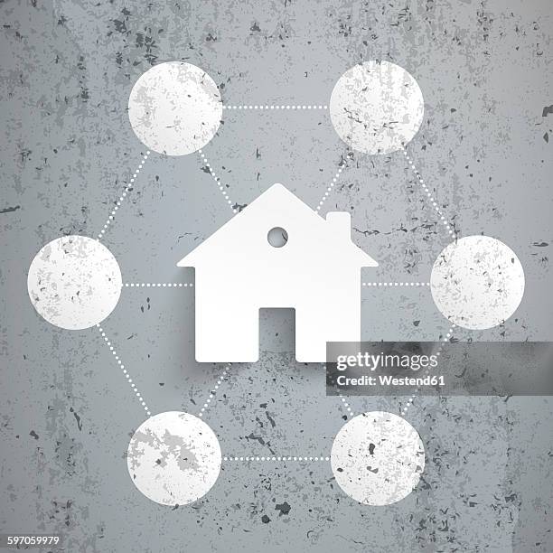 model home connected to spheres, vector graphics - digital home stock illustrations