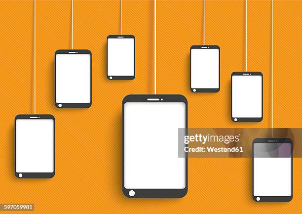 smartphones dangling on orange background, vector graphics - digital thread stock illustrations