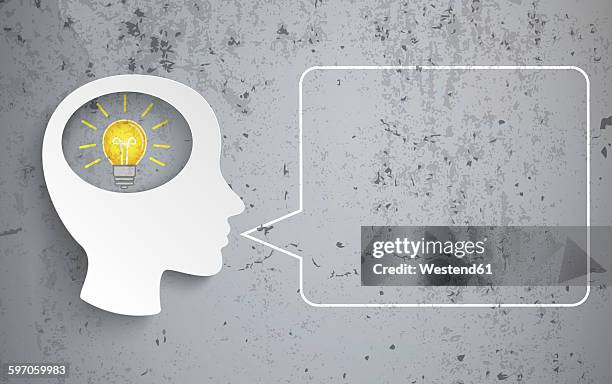 human head with bulb and speech bubble on concrete background, vector graphics - one solution stock illustrations