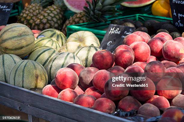 france, bormes-les-mimosas, fruit stall - rockmelon stock pictures, royalty-free photos & images