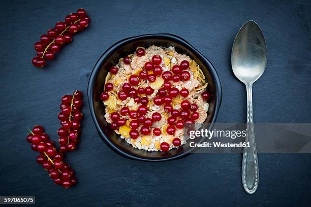 bowl of yogurt with cornflakes and red currants - schist stock-fotos und bilder