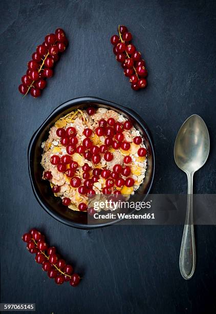 bowl of yogurt with cornflakes and red currants - schist stock-fotos und bilder