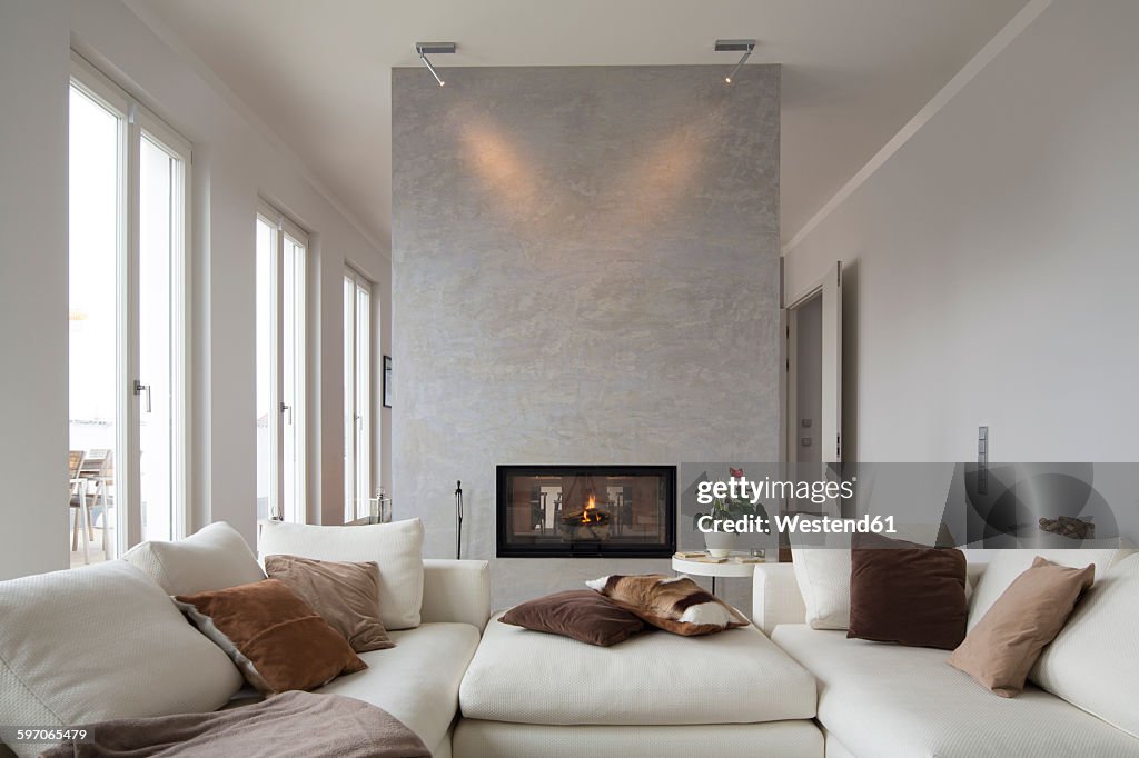 Interior of modern flat, Living room with white couch