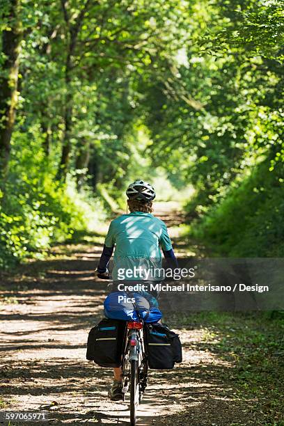 female cyclist on gravel pathway enveloped by trees - finistere imagens e fotografias de stock