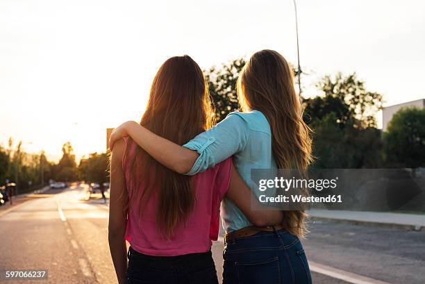 back view of two female friends watching sunset arm in arm - 臂挽著臂 個照片及圖片檔