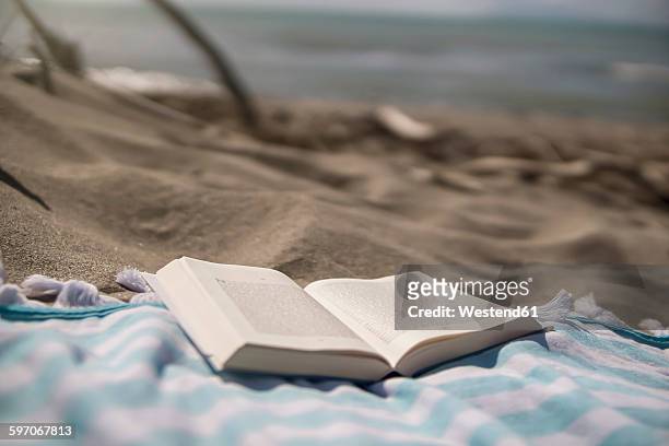 italy, tuscany, maremma, book on beach towel - beach towel stockfoto's en -beelden