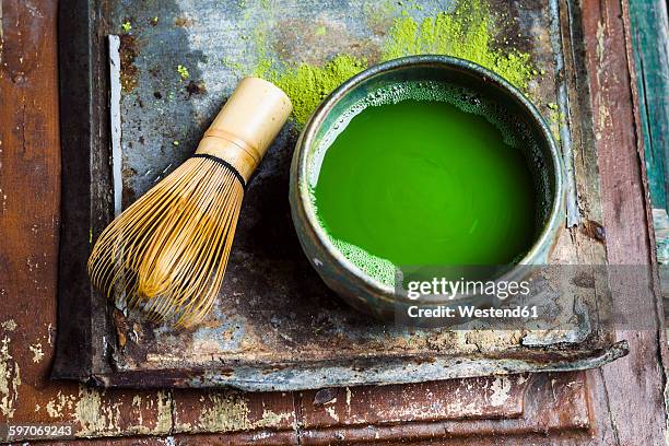 chasen and chawan of matcha tea - japanese tea cup stock pictures, royalty-free photos & images