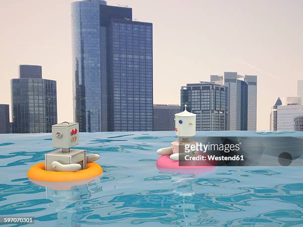 male and female robot with floating tires swimming in pool in front of city skyline, 3d rendering - holiday stock illustrations