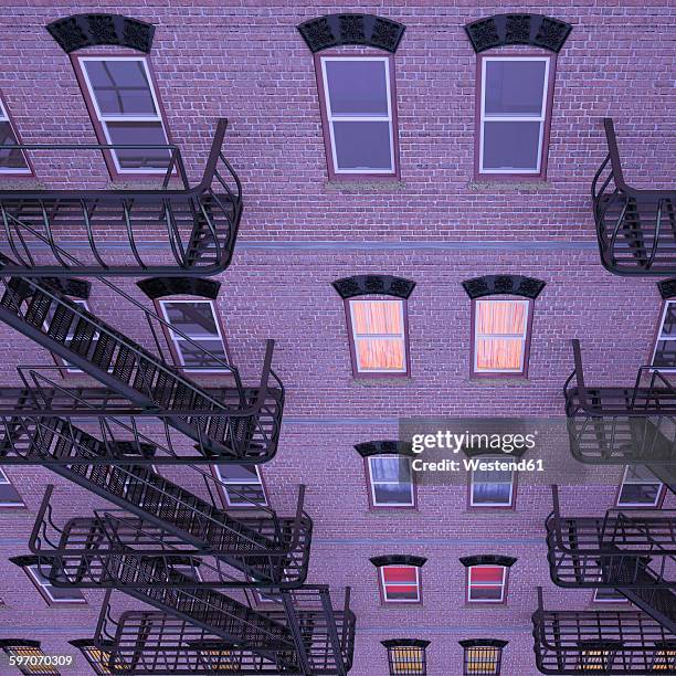 facade of multi-family house with fire escape staircases at blue hour, 3d rendering - fire exit stock illustrations