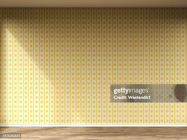 3d rendering of interior wall with old wallpaper and wooden floor - retro style backgrounds stock illustrations