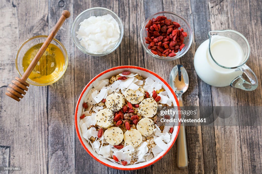 Bowl of muesli with banana slices, chia seeds, coconut chips and goji berries