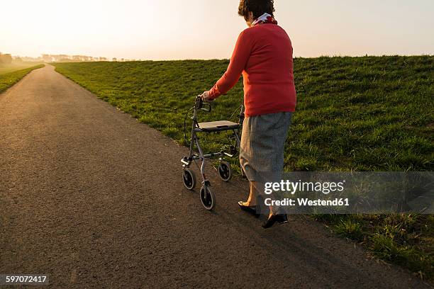 senior woman walking with wheeled walker on a path - déambulateur rollator photos et images de collection