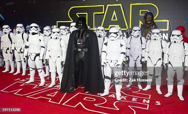 Darth Vader, Chewbacca and Stormtroopers arriving at the European premiere of "Star Wars - The Force Awakens" in Leicester Square, London